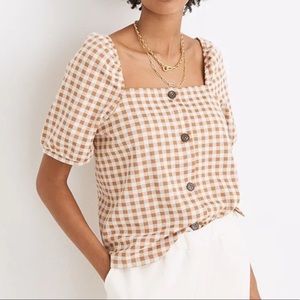 NWT Madewell Saddle Brown White Gingham Square Neck Puff Sleeve Button Top Sz XL